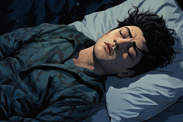 Een man slaapt in een bed met een wit kussen en een blauw laken waarop staat " de naam van de kunstenaar "