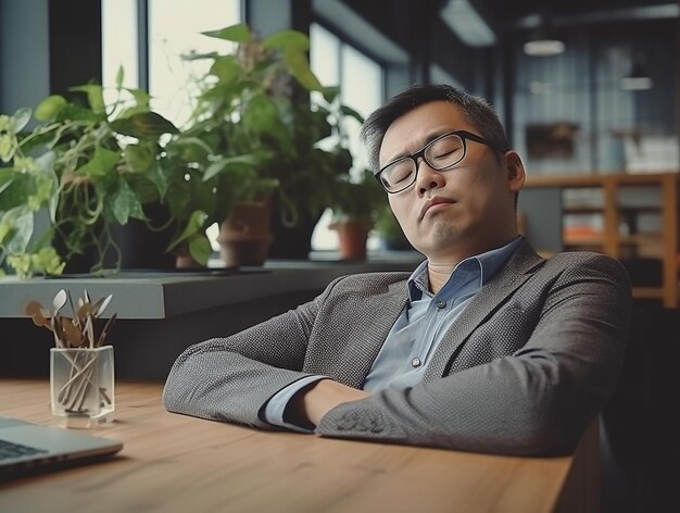 Een man slaapt in een donker kantoor met een glas water op tafel.