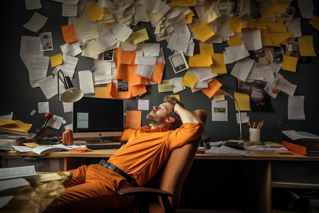 een man slaapt in een kantoor met de woorden "niet gezien worden aan de muur"