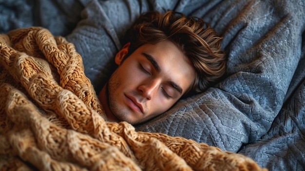 Een man slaapt in zijn blauwe deken en rust comfortabel.