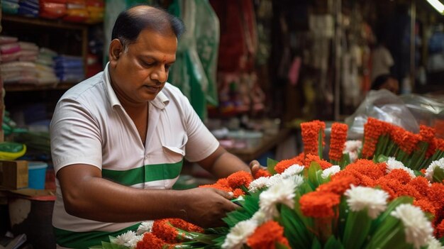 Een man snijdt bloemen in een tempel.