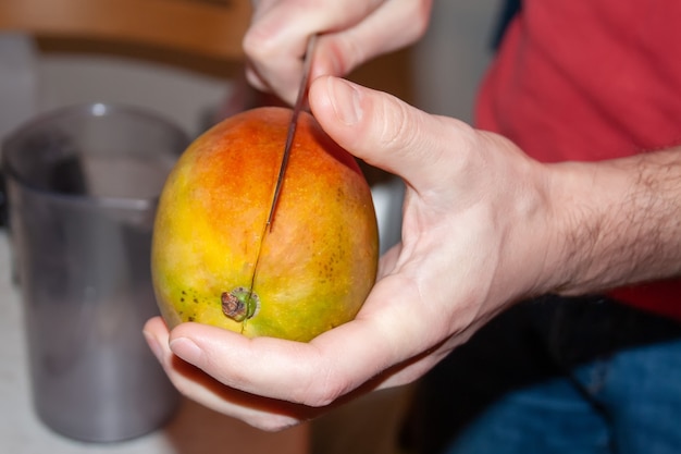 Een man snijdt een mango met een mes en houdt hem in zijn handen