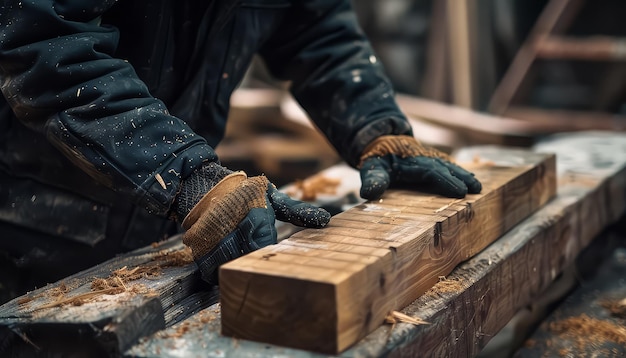 Foto een man snijdt hout met een zaag.