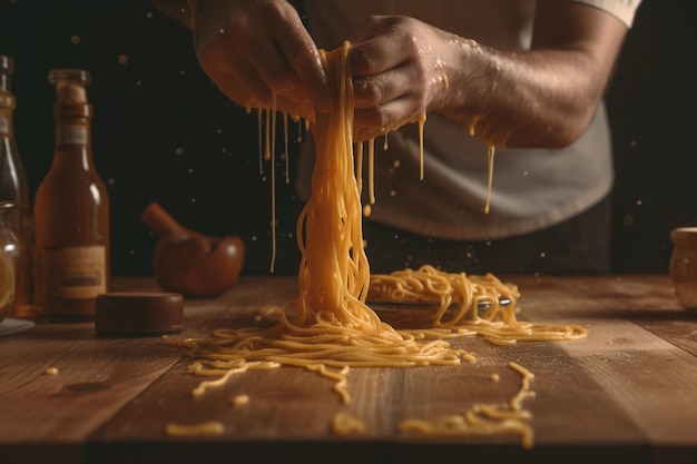 Een man snijdt spaghetti met een mes op een houten tafel.