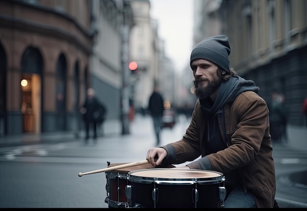 Een man speelt drums op straat in de regen.