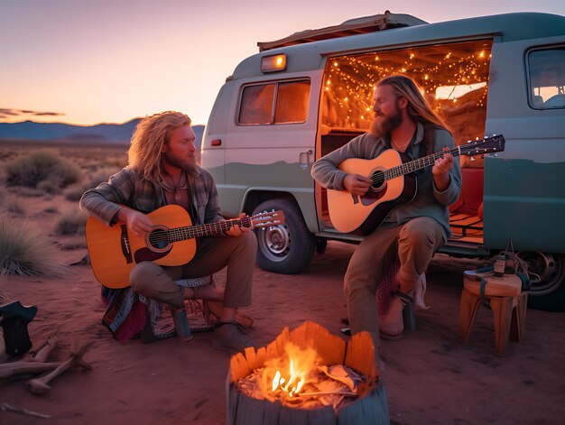 Een man speelt gitaar in een klein busje Concept van leven in een busje Ai Generative