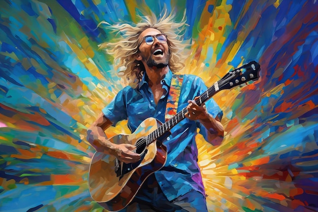 Een man speelt gitaar in een kleurrijk schilderij.