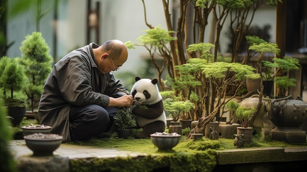 een man speelt met een pandabeer in een tuin.