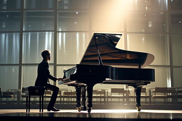 Een man speelt piano in een donkere kamer.