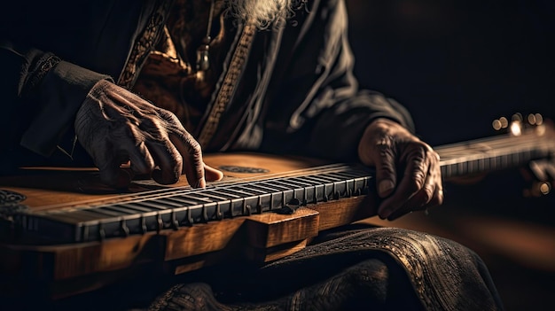 een man speelt piano met zijn handen op zijn heupen.