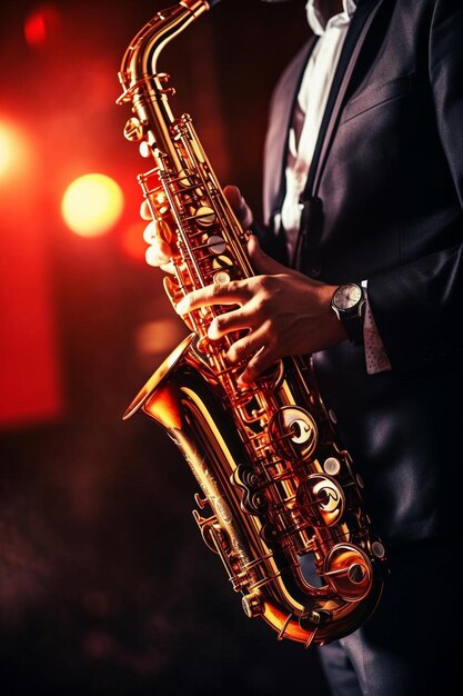 Een man speelt saxofoon in een donkere kamer.