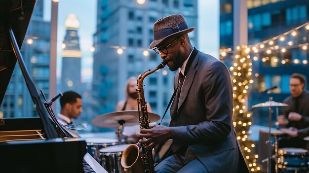 Een man speelt saxofoon op een feestje