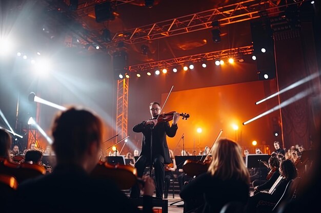 een man speelt viool op het podium met andere mensen die kijken