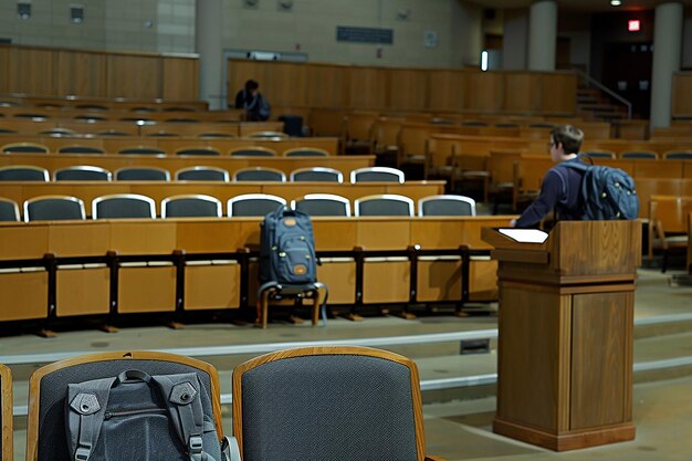 Foto een man spreekt in een podium met een rugzak erop