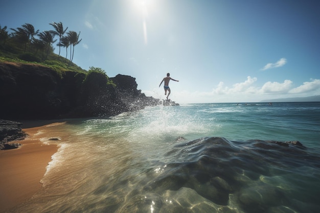 Een man springt op een surfplank de oceaan in.