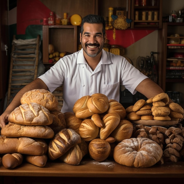 Een man staat achter een tafel vol brood.