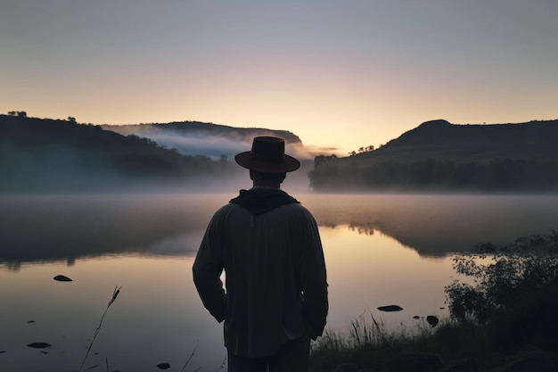 Een man staat bij zonsondergang voor een meer.