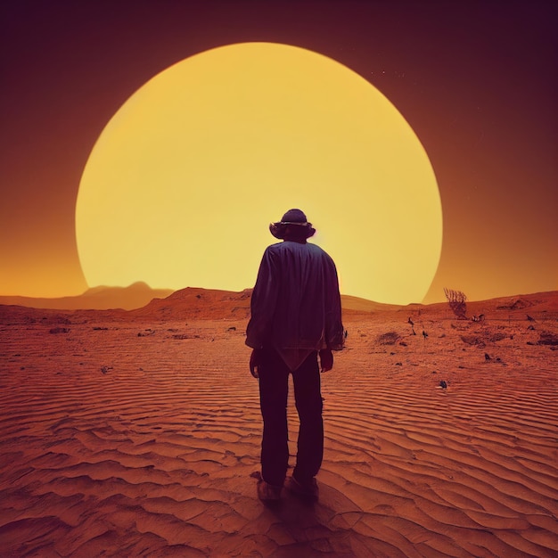 Een man staat in de woestijn en kijkt naar de zon die Ai voortbrengt