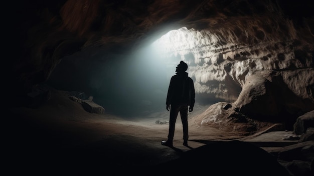 Een man staat in een donkere grot met een licht dat uit de top komt.