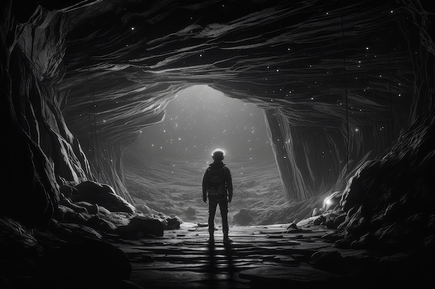 Een man staat in een donkere grot terwijl het licht op hem schijnt