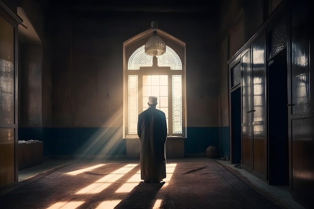 Een man staat in een donkere kamer met een groot raam waarop staat 'het licht is aan'. '
