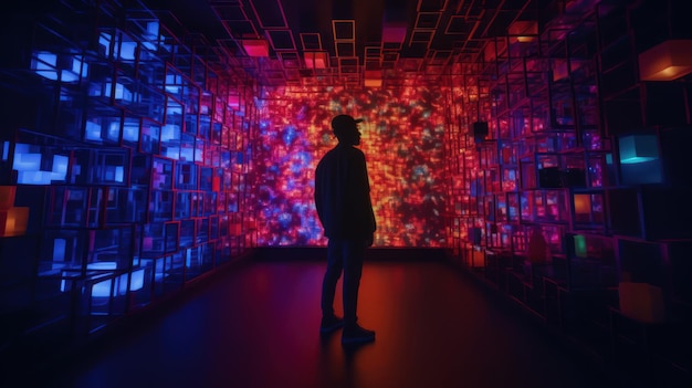 Een man staat in een donkere kamer met een muur van lichten waarop 'het woord' staat