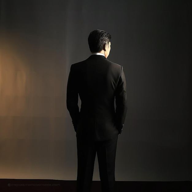 een man staat in een donkere kamer met een witte muur achter hem.