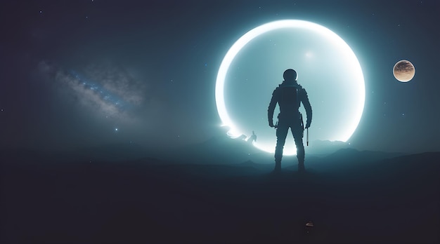Een man staat in een donkere ruimte met een gloeiende ring op de achtergrond.