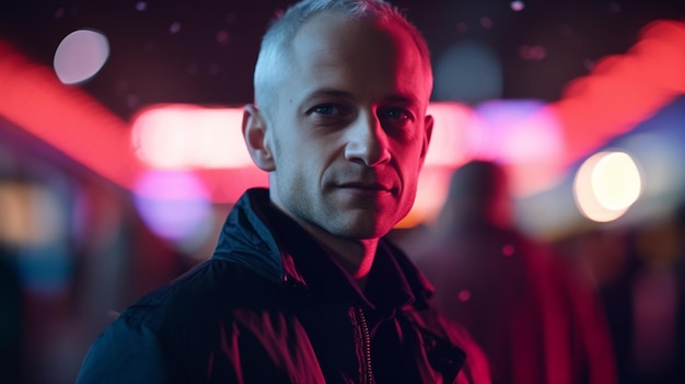 Een man staat in een donkere straat met een achtergrond van neonreclames