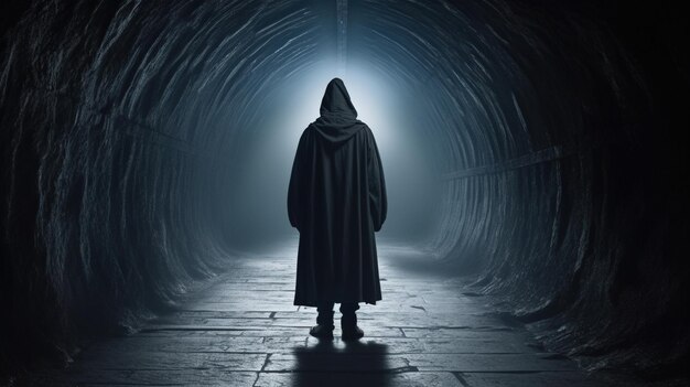 Een man staat in een donkere tunnel met bovenaan een lamp.