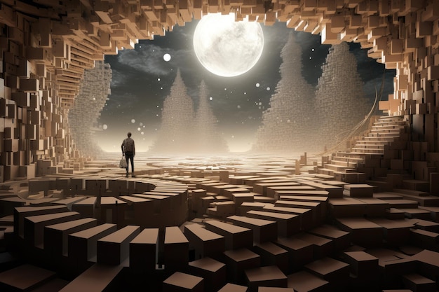 Een man staat in een doolhof kamer verlicht door de gloed van een volle maan de vierde dimensie behang AI gegenereerd