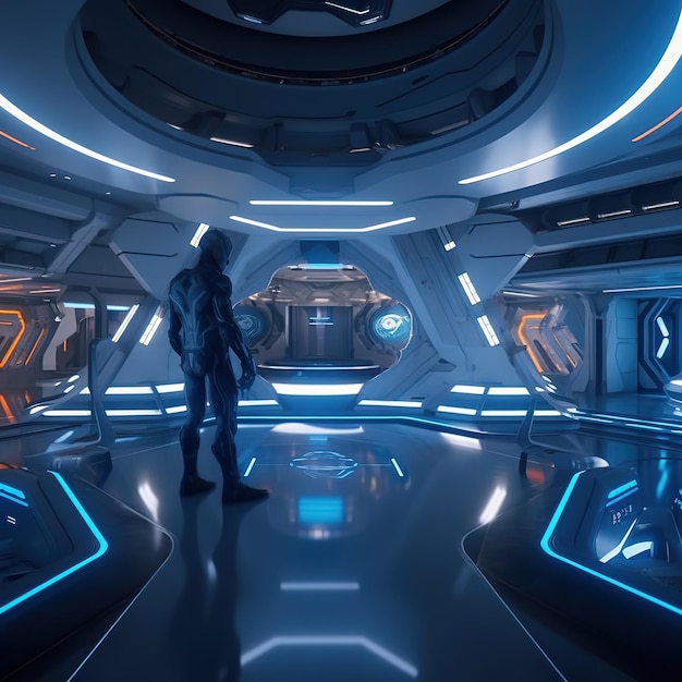 Een man staat in een futuristische kamer met blauwe lichten en een bord met de tekst 'star wars'