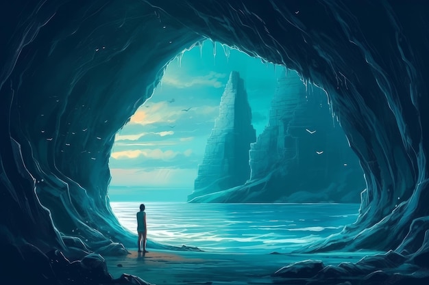 Een man staat in een grot en kijkt uit over de zee.