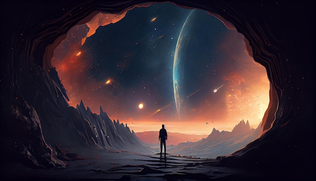 Een man staat in een grot met een planeet op de achtergrond.