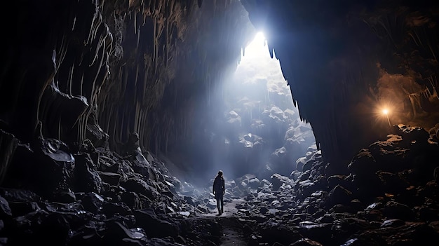 Een man staat in een grot met licht dat door de duisternis schijnt