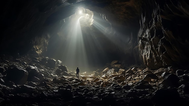 Een man staat in een grot waar het licht doorheen schijnt