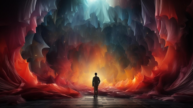 een man staat in een grote kamer met kleurrijke wolken