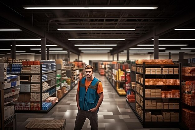 Een man staat in een grote supermarkt met een bord met de tekst "bier".