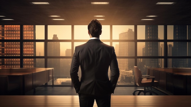 Een man staat in een kantoor en kijkt uit een raam.