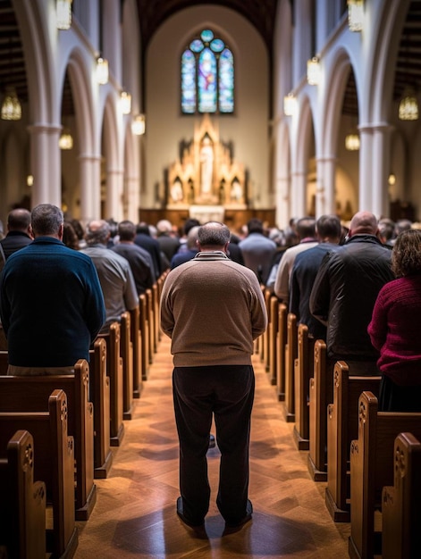 Foto een man staat in een kerk met een grote menigte op de achtergrond.