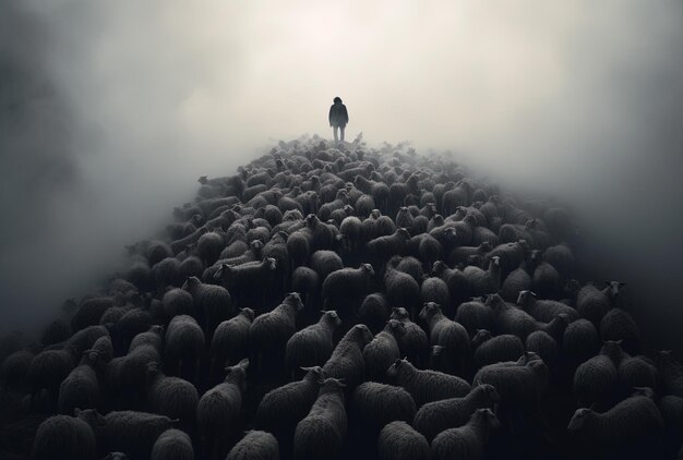Foto een man staat in een kudde schapen op een heuvel