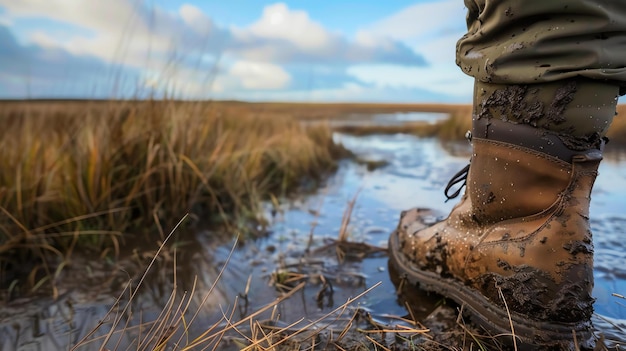 Foto een man staat in een moeras. hij draagt bruine laarzen en de laarzen zijn bedekt met modder.