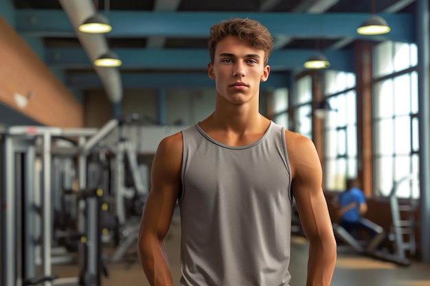 Een man staat in een sportschool met een tanktop en een tanktop aan.