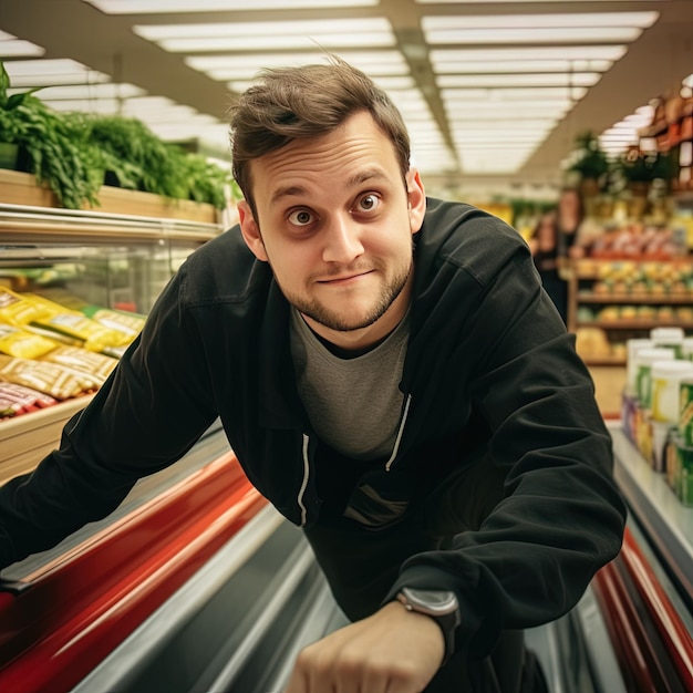 een man staat in een supermarkt met een bord dat het woord erop zegt