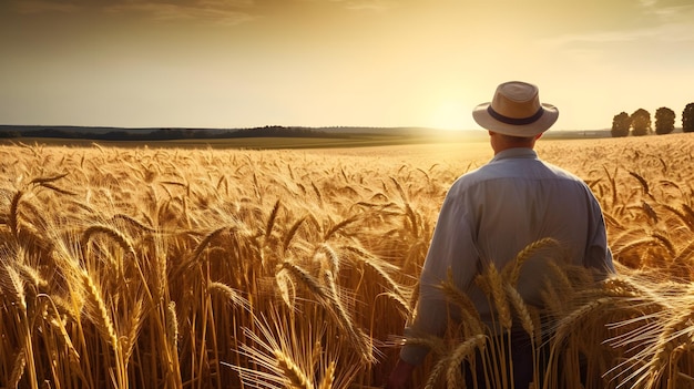 Een man staat in een tarweveld en kijkt naar de zon