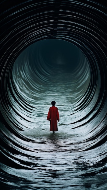 Een man staat in een tunnel met een rode jas aan.