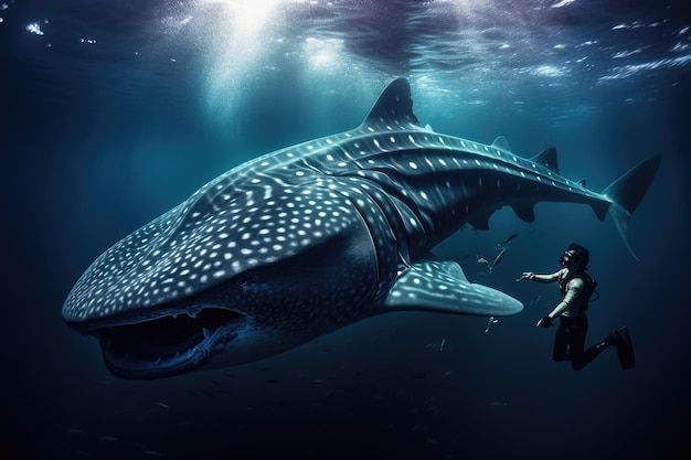 Een man staat naast een enorme walvis in de onderwaterwereld Walvishaai en onderwaterfotograaf AI gegenereerd