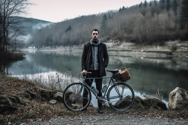 Een man staat naast een fiets bij een rivier.