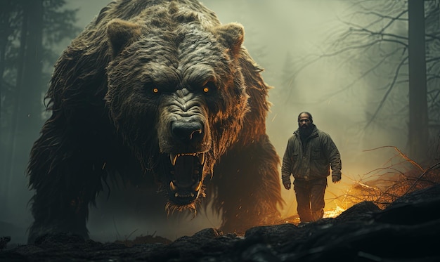 Een man staat naast een grote beer in het bos