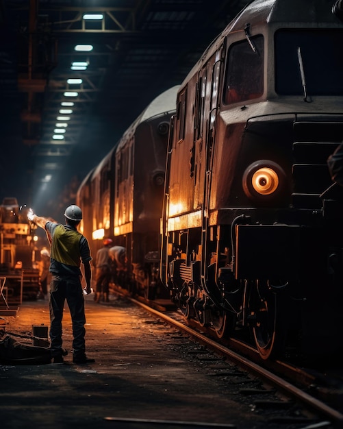 een man staat naast een trein die zegt "de trein".